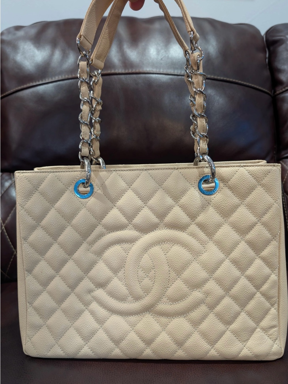 Chanel beige caviar GST quilted grand shopping tote